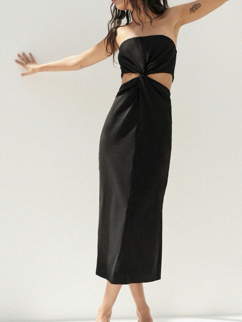 Zara | Linen Strapless Twist Cutout Midi Dress - Black